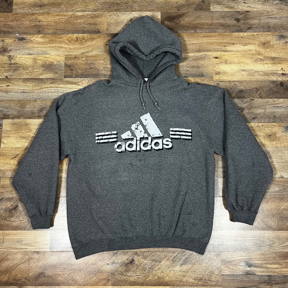 Vintage 90s Y2K Adidas Pullover Hoodie Men Large Gray Distressed Chunky Made USA